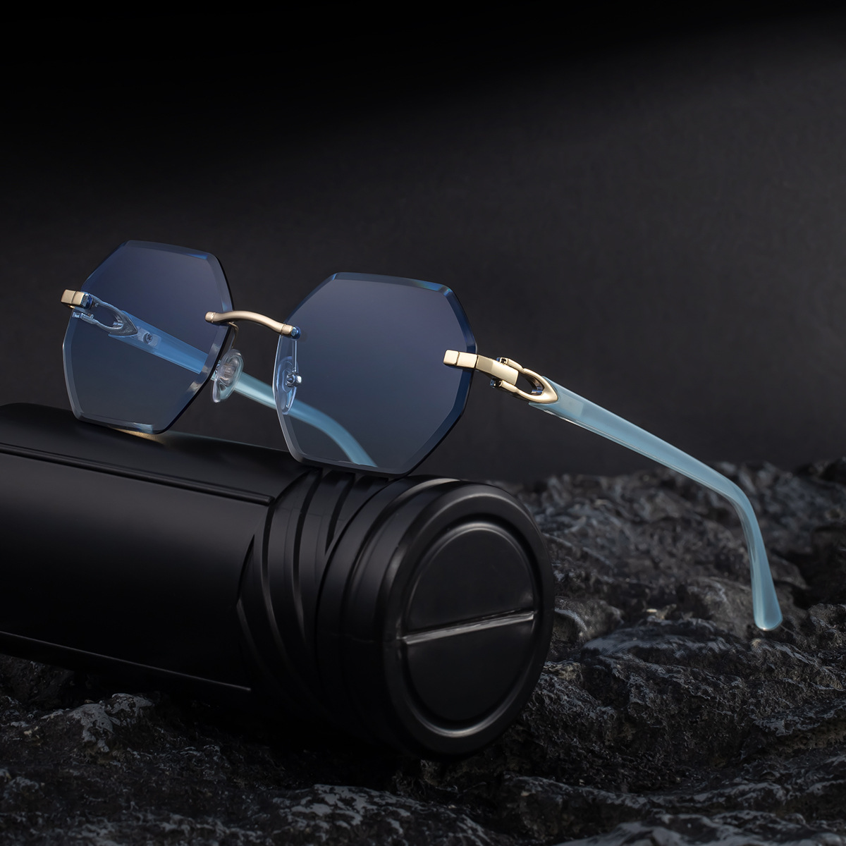 Men's Diamond Cut Polygon Rimless Sunglasses - Premium Driving Eyewear Custom Eyewear