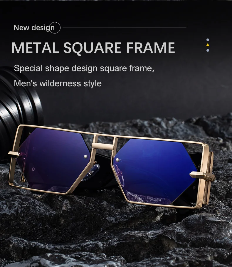 Black metal Men's Fashion Square Hollow Sunglasses - Trendy Metal Frame UV400 Protection - Details 2