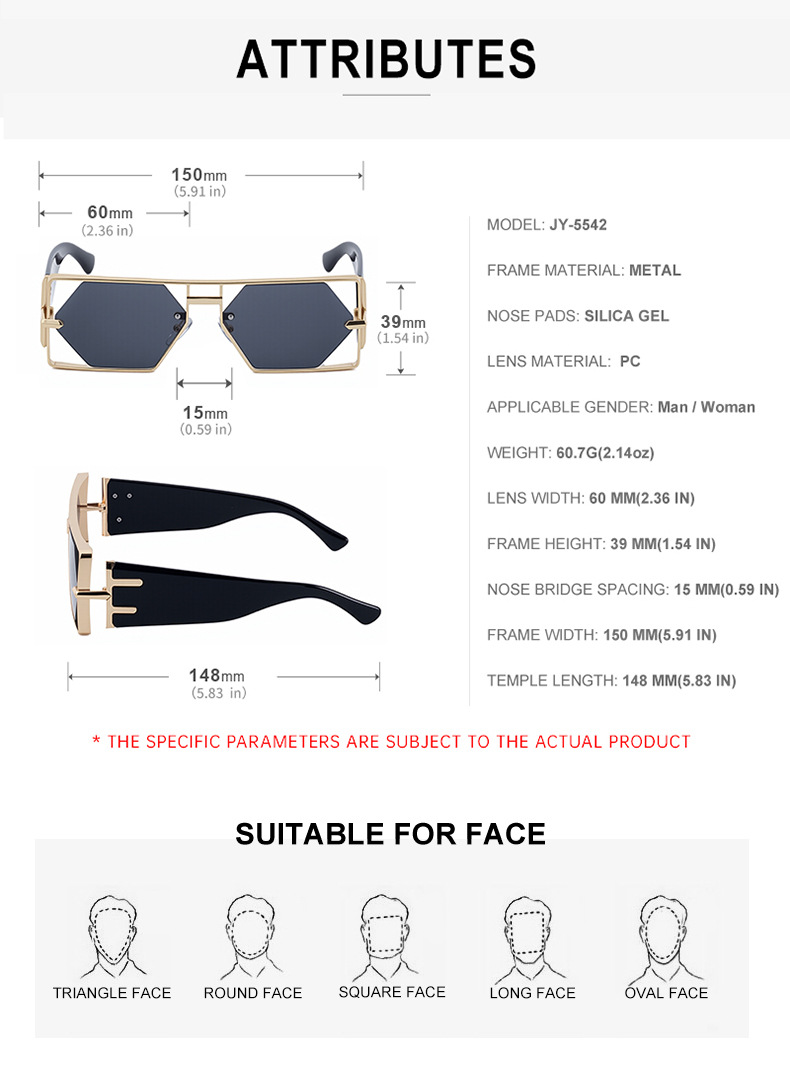 Men's Fashion Square Hollow Sunglasses - Trendy Metal Frame UV400 Protection Details and Specifications