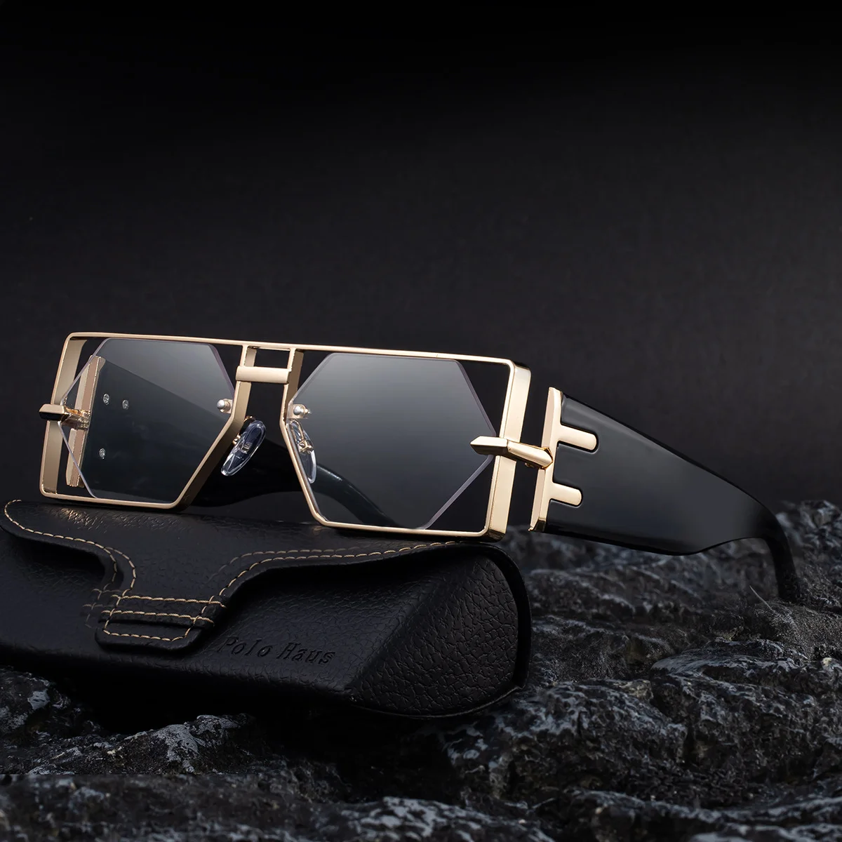 Black metal Men's Fashion Square Hollow Sunglasses - Trendy Metal Frame UV400 Protection - View 3