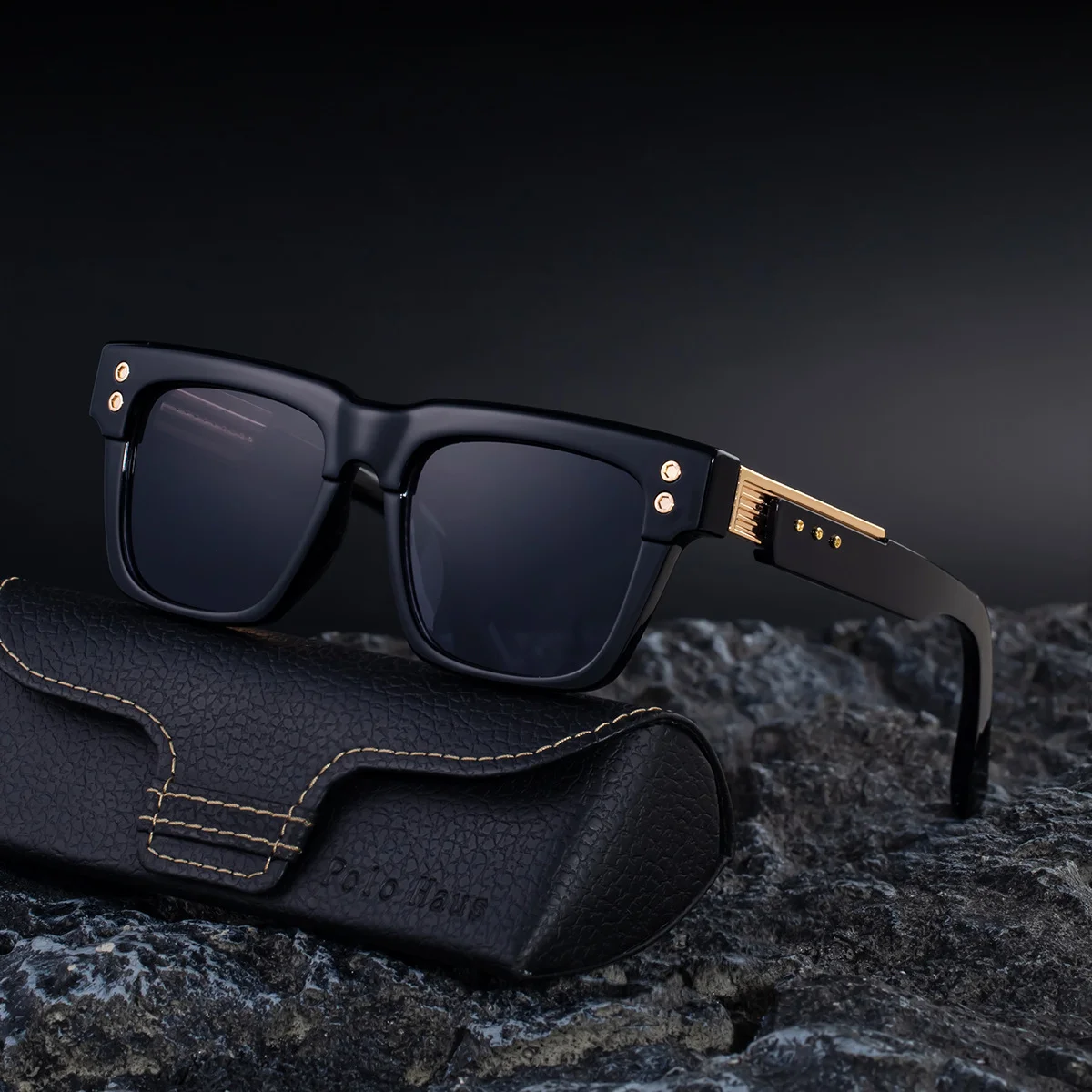 Black metal Men's Vintage Square Polarized Sunglasses - Premium Rivet Detail Driving Eyewear - View 3