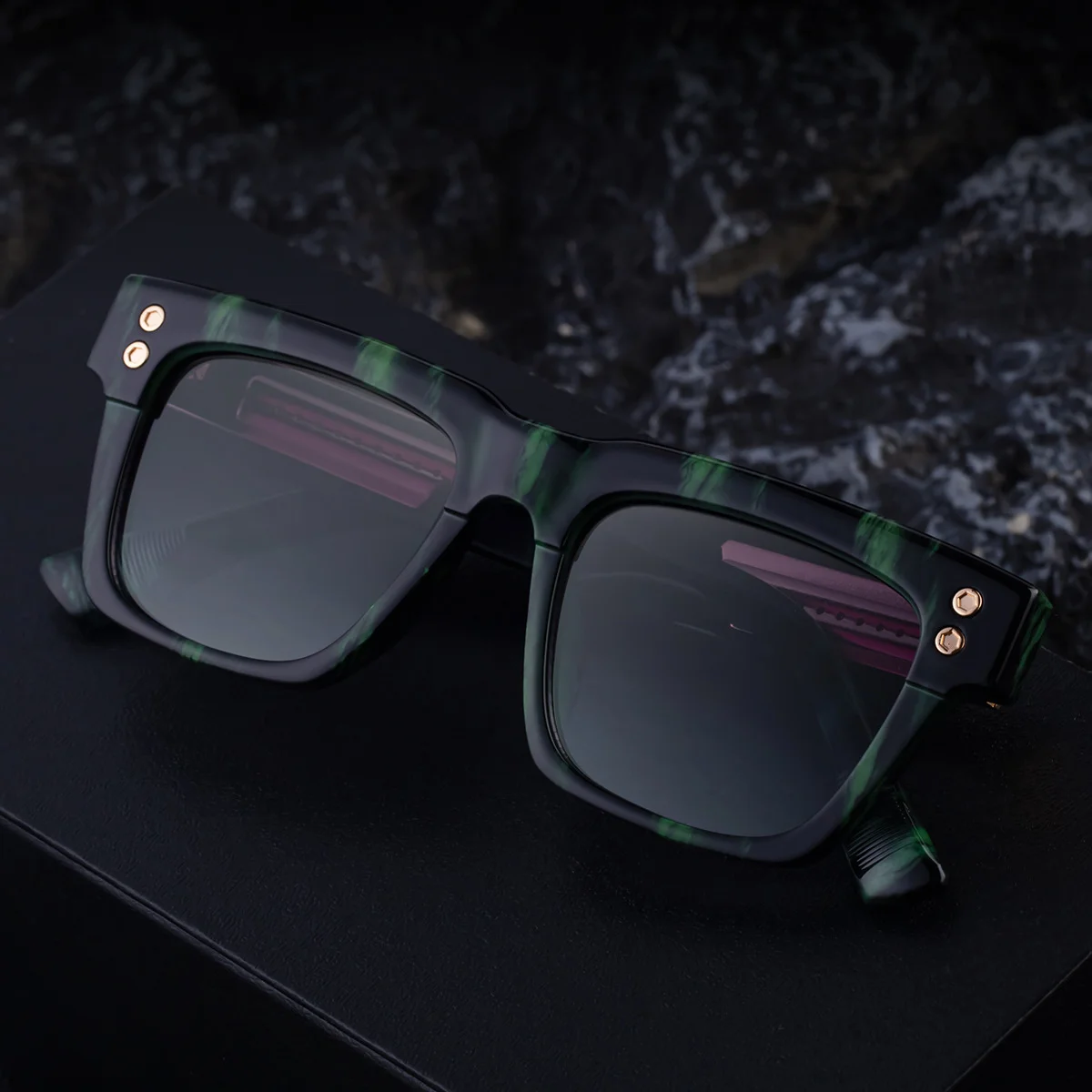 Black metal Men's Vintage Square Polarized Sunglasses - Premium Rivet Detail Driving Eyewear - View 4