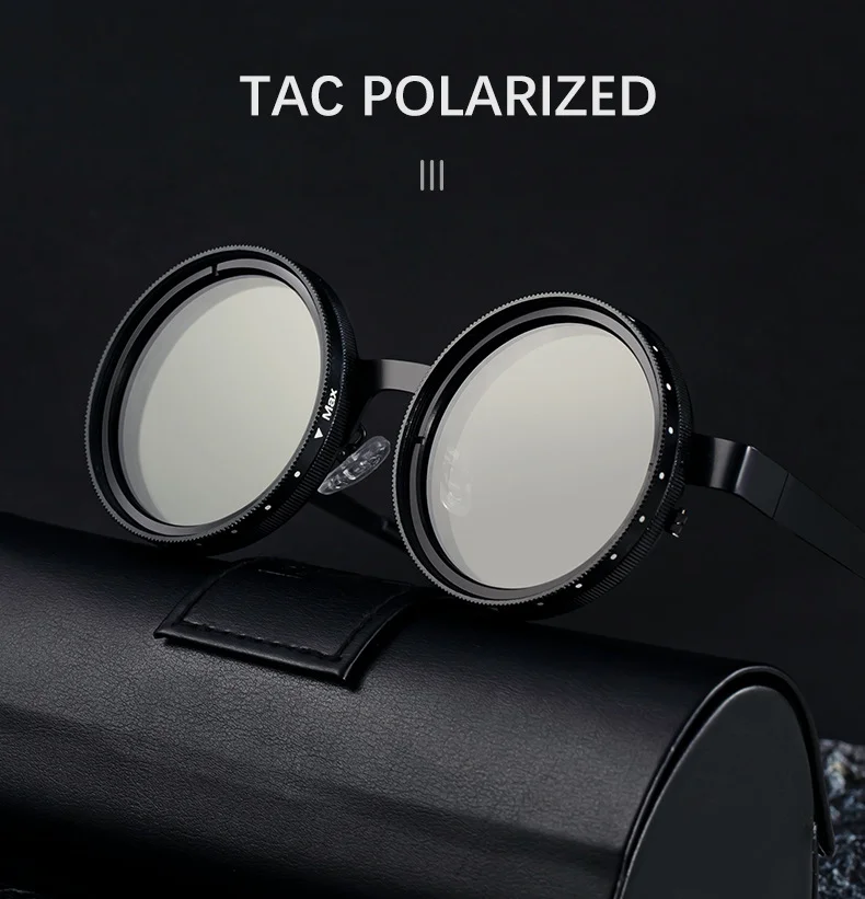 Black metal Men's ND9 Adjustable Zoom Sunglasses - Premium Round Polarized UV400 Eyewear - Details 8