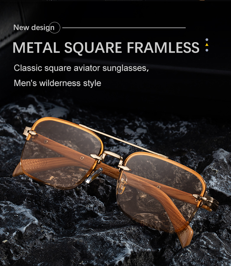 Men's Fashion Rimless Sunglasses - Retro Double Bridge Wood Grain Temple Eyewear Details and Specifications
