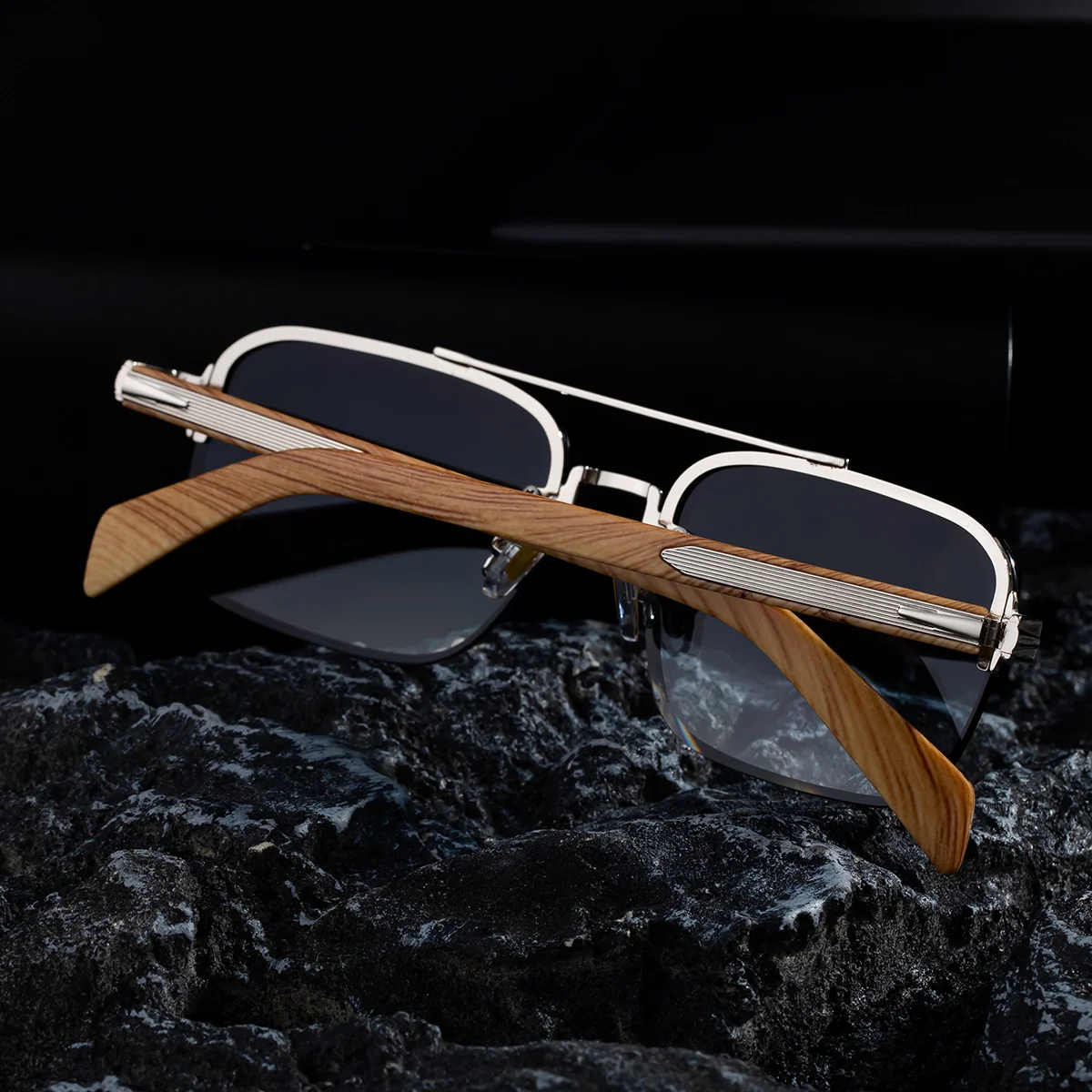 Black metal Men's Fashion Rimless Sunglasses - Retro Double Bridge Wood Grain Temple Eyewear - Details 2