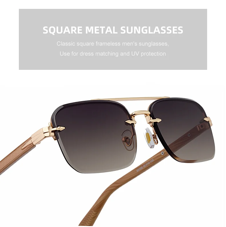 Black metal Men's Fashion Rimless Sunglasses - Retro Double Bridge Wood Grain Temple Eyewear - Details 6