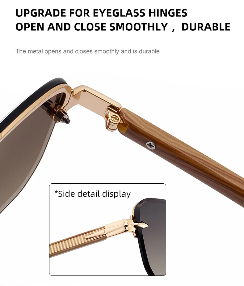 Black metal Men's Fashion Rimless Sunglasses - Retro Double Bridge Wood Grain Temple Eyewear - Details 8