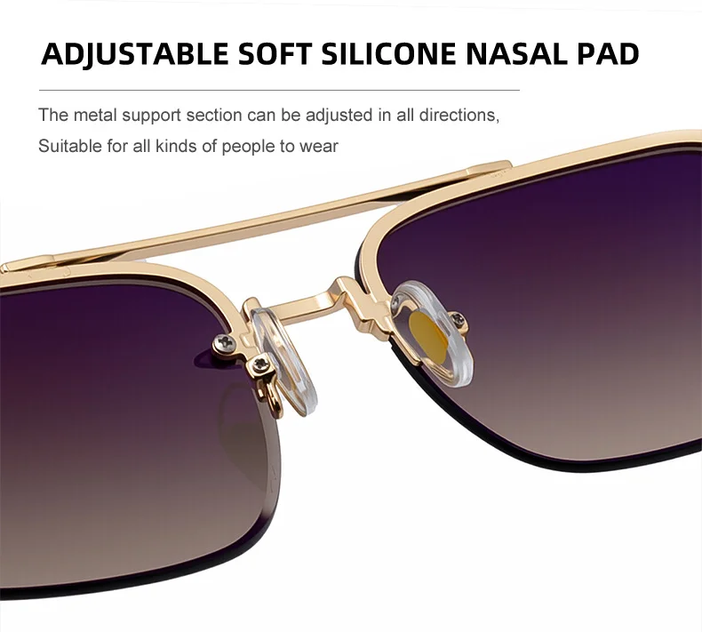 Black metal Men's Fashion Rimless Sunglasses - Retro Double Bridge Wood Grain Temple Eyewear - Details 9