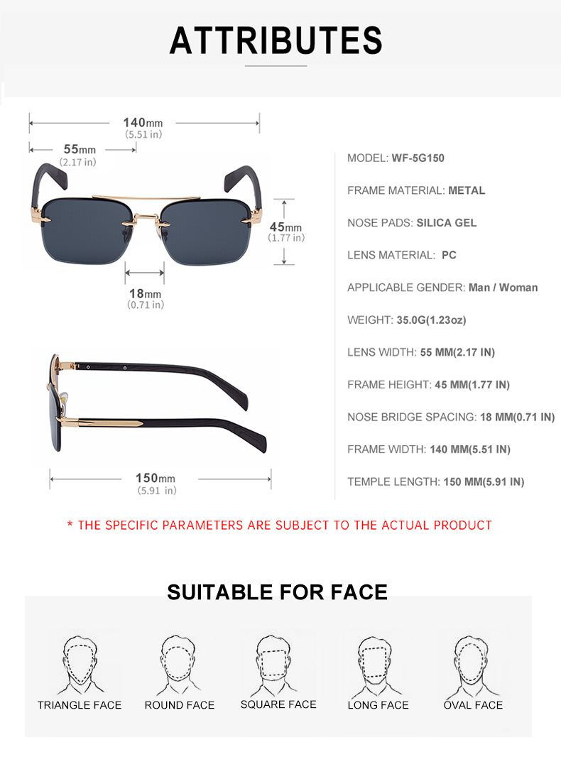 Men's Fashion Rimless Sunglasses - Retro Double Bridge Wood Grain Temple Eyewear Details and Specifications