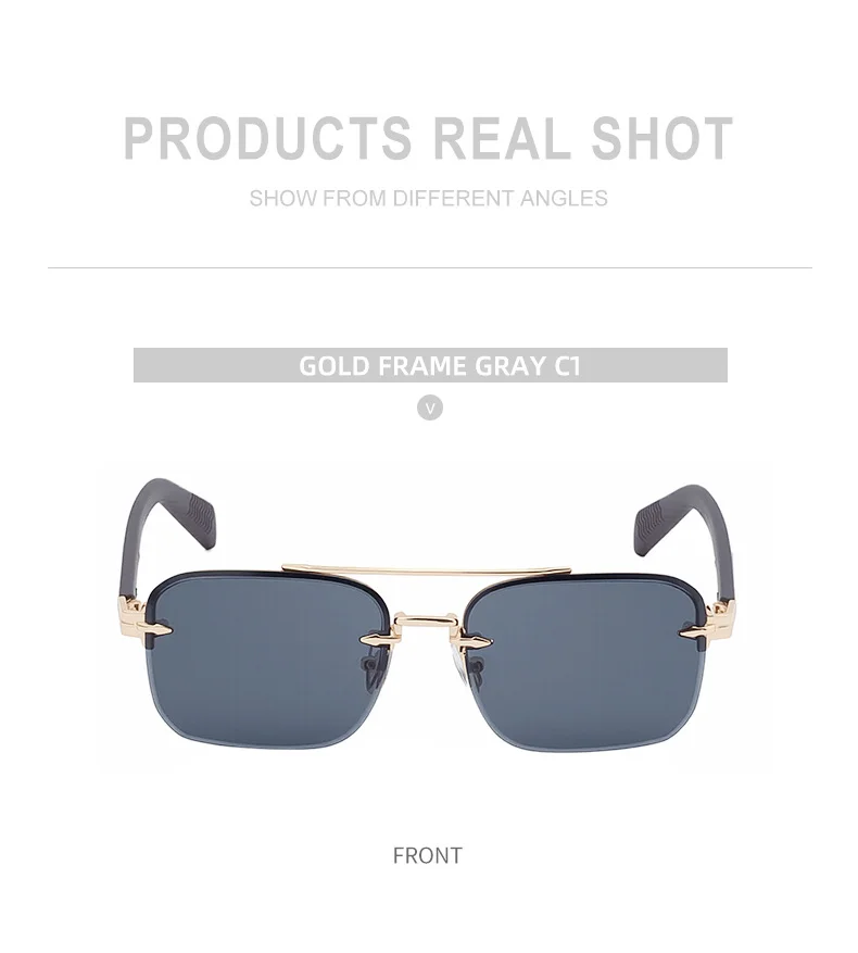 Black metal Men's Fashion Rimless Sunglasses - Retro Double Bridge Wood Grain Temple Eyewear - Details 15
