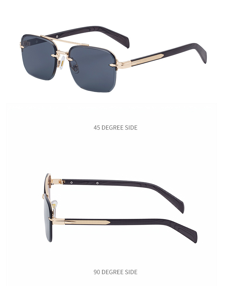 Men's Fashion Rimless Sunglasses - Retro Double Bridge Wood Grain Temple Eyewear Details and Specifications