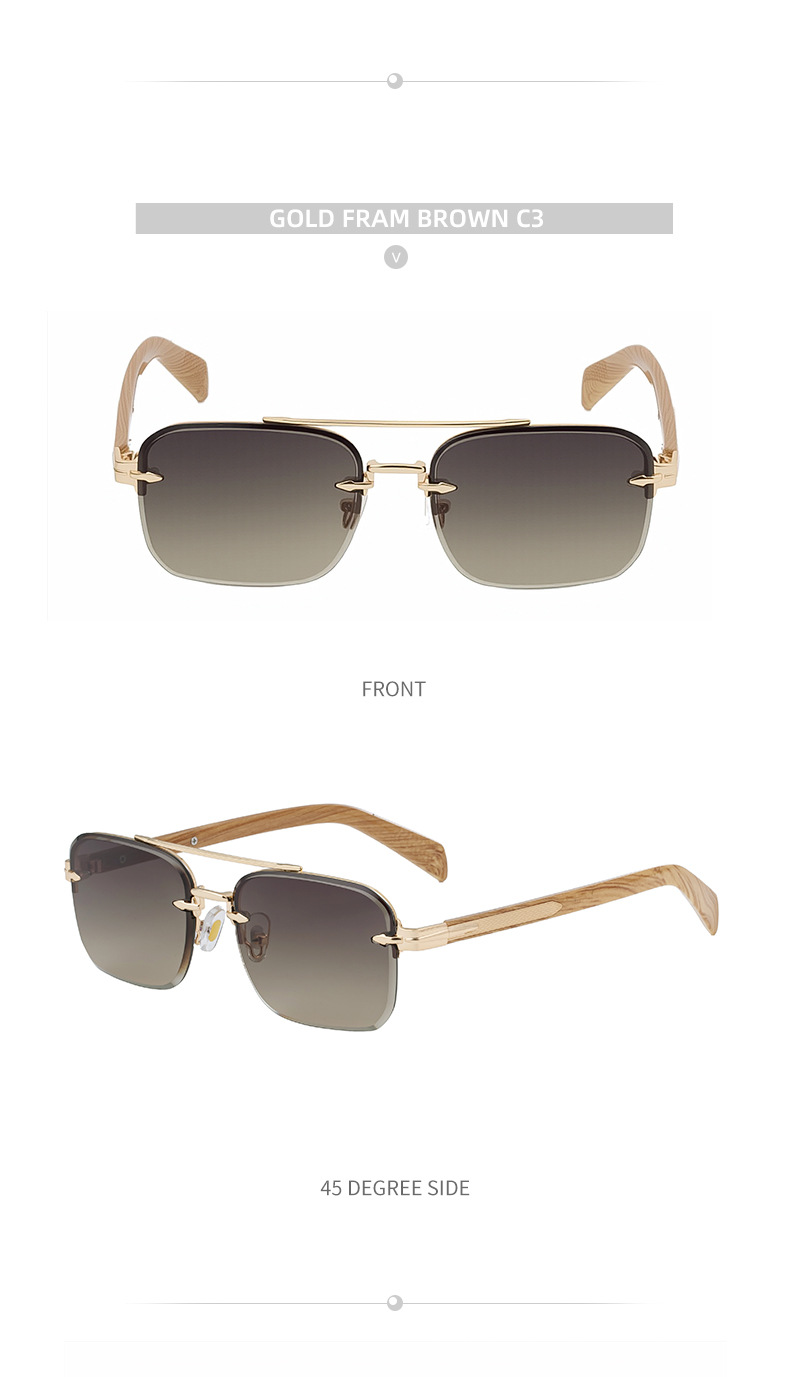 Men's Fashion Rimless Sunglasses - Retro Double Bridge Wood Grain Temple Eyewear Details and Specifications