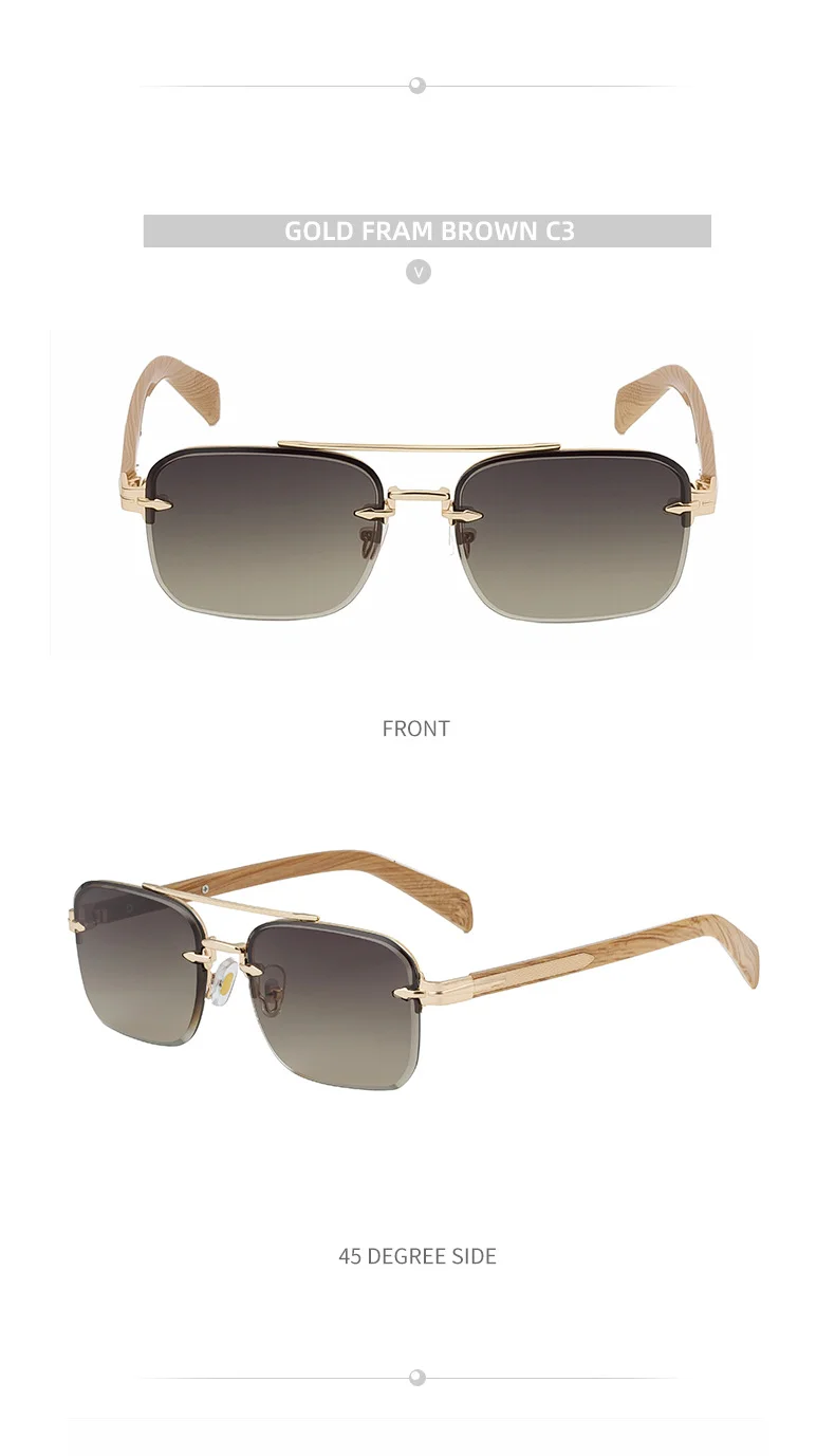 Black metal Men's Fashion Rimless Sunglasses - Retro Double Bridge Wood Grain Temple Eyewear - Details 18