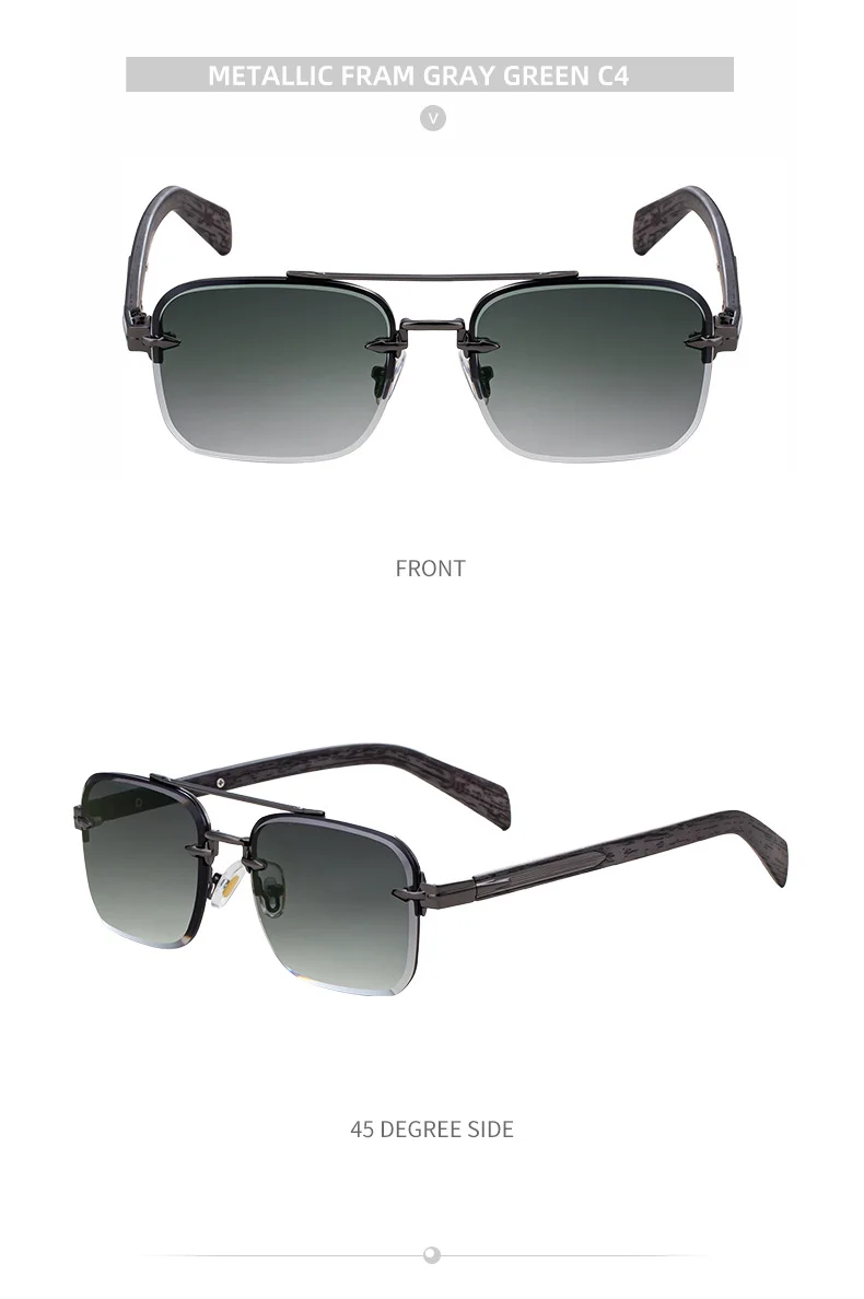 Black metal Men's Fashion Rimless Sunglasses - Retro Double Bridge Wood Grain Temple Eyewear - Details 19