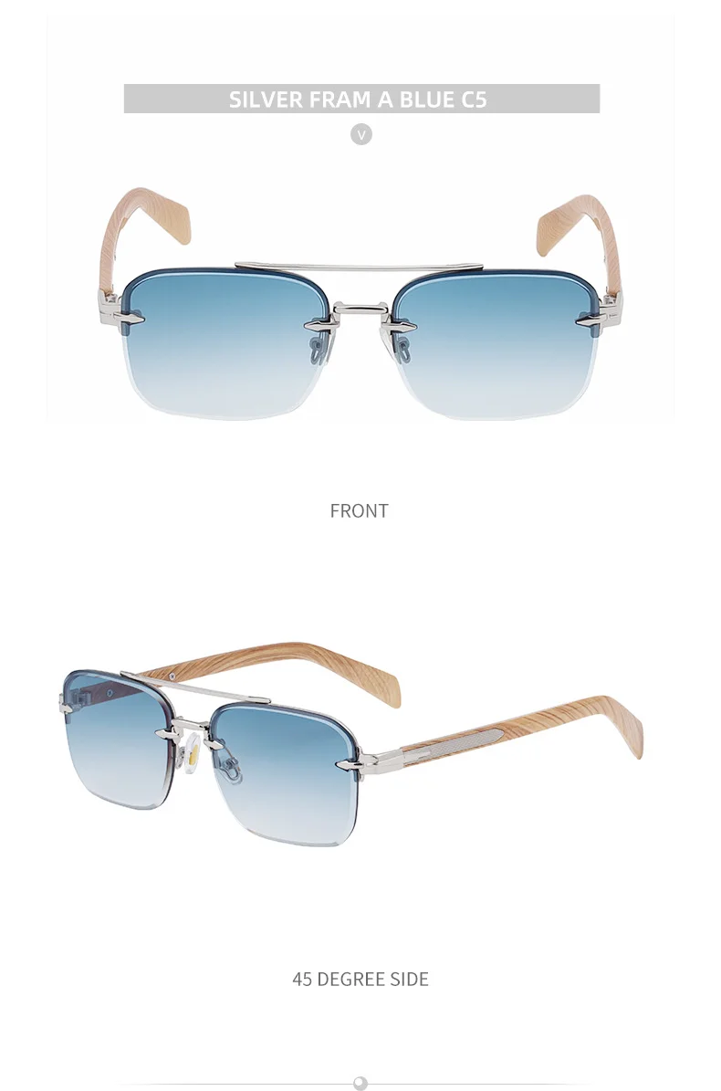 Black metal Men's Fashion Rimless Sunglasses - Retro Double Bridge Wood Grain Temple Eyewear - Details 20