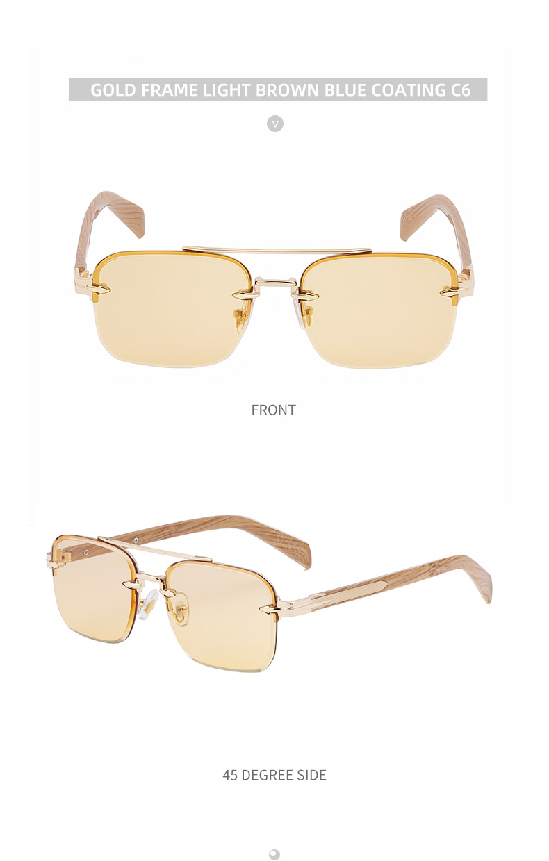 Men's Fashion Rimless Sunglasses - Retro Double Bridge Wood Grain Temple Eyewear Details and Specifications