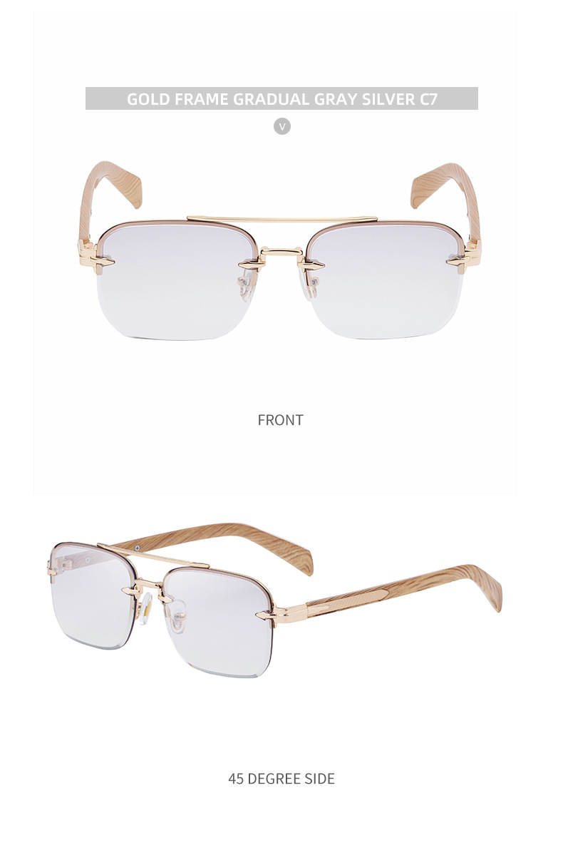 Men's Fashion Rimless Sunglasses - Retro Double Bridge Wood Grain Temple Eyewear Details and Specifications