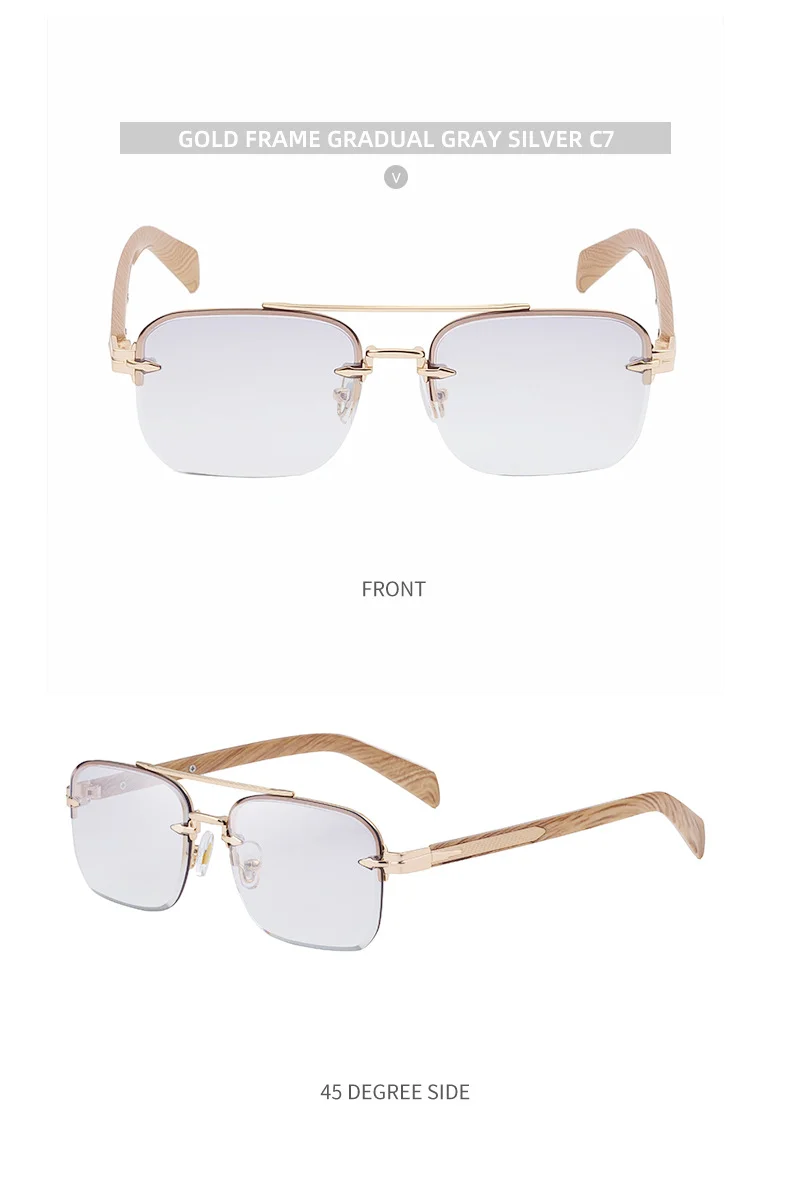 Black metal Men's Fashion Rimless Sunglasses - Retro Double Bridge Wood Grain Temple Eyewear - Details 22