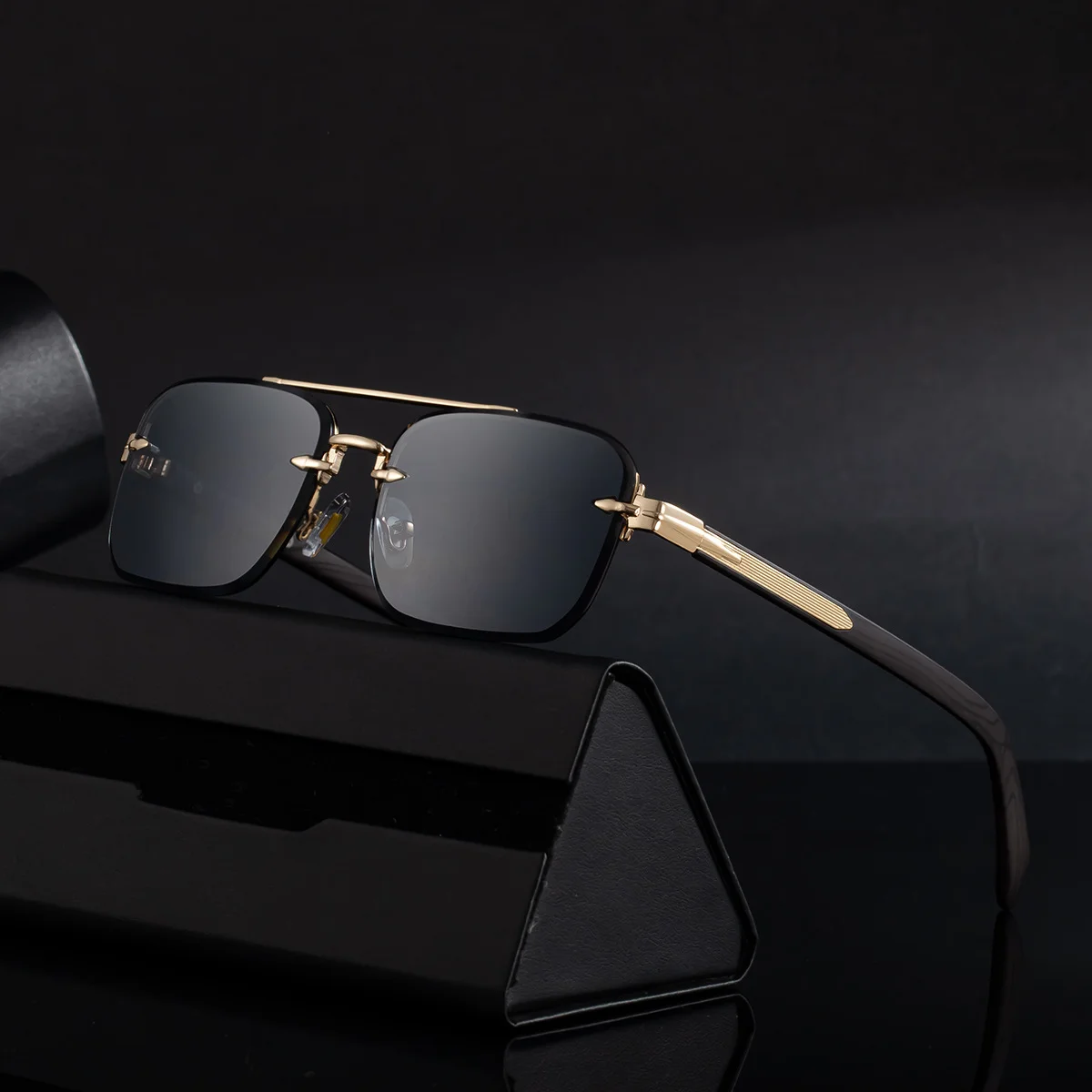 Black metal Men's Fashion Rimless Sunglasses - Retro Double Bridge Wood Grain Temple Eyewear - View 3