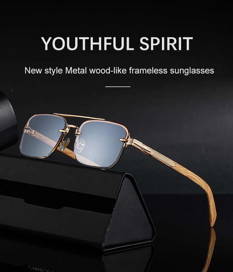 Men's Fashion Rimless Sunglasses - Retro Double Bridge Wood Grain Temple Eyewear Details and Specifications