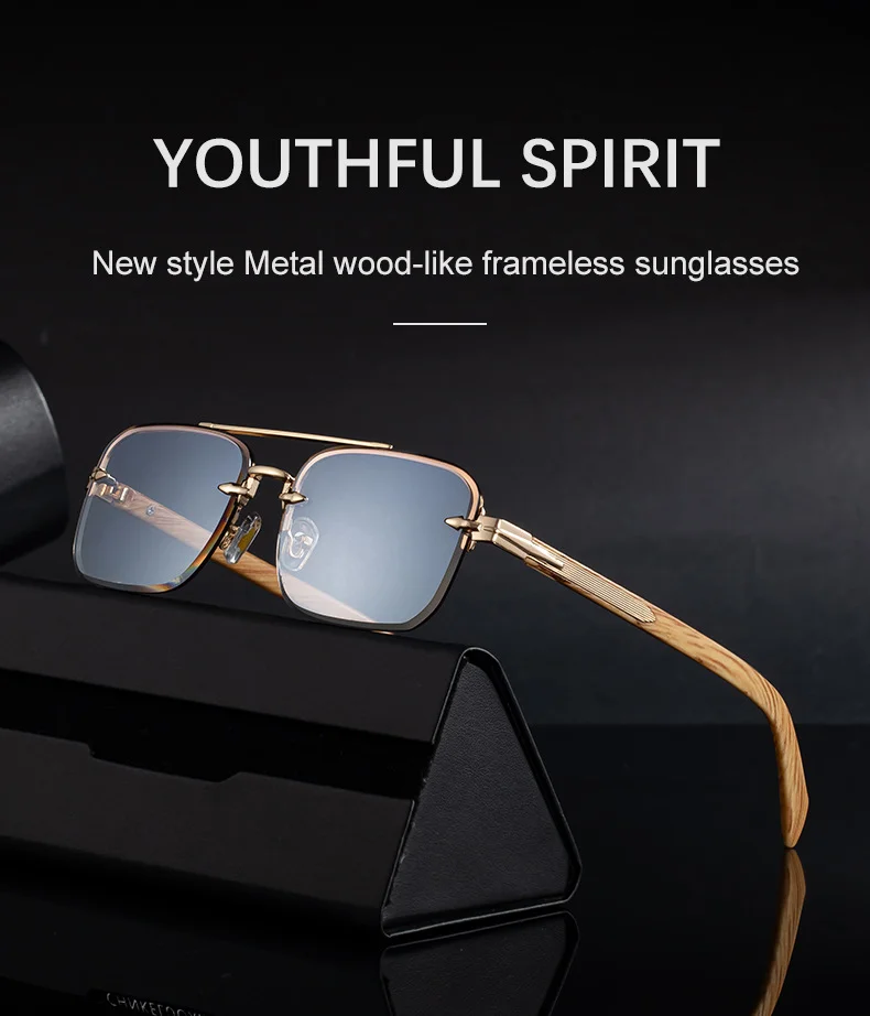 Black metal Men's Fashion Rimless Sunglasses - Retro Double Bridge Wood Grain Temple Eyewear - Details 1
