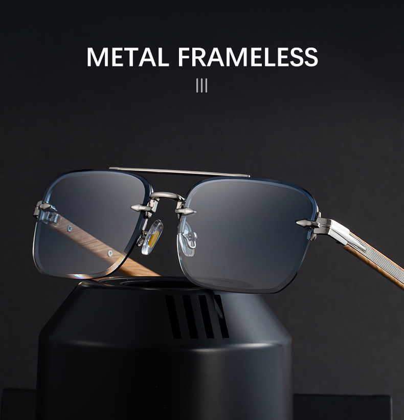 Men's Fashion Rimless Sunglasses - Retro Double Bridge Wood Grain Temple Eyewear Details and Specifications