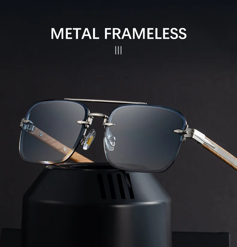 Black metal Men's Fashion Rimless Sunglasses - Retro Double Bridge Wood Grain Temple Eyewear - Details 5