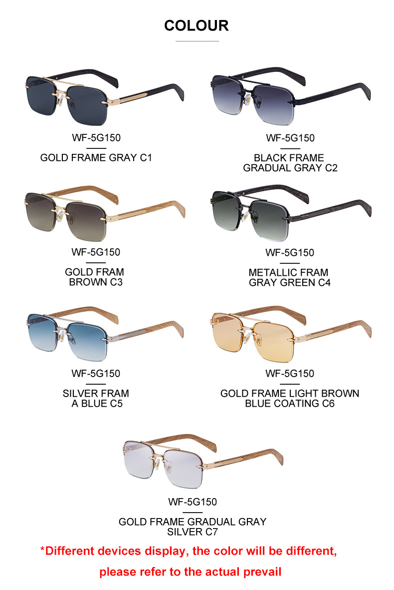 Men's Fashion Rimless Sunglasses - Retro Double Bridge Wood Grain Temple Eyewear Details and Specifications