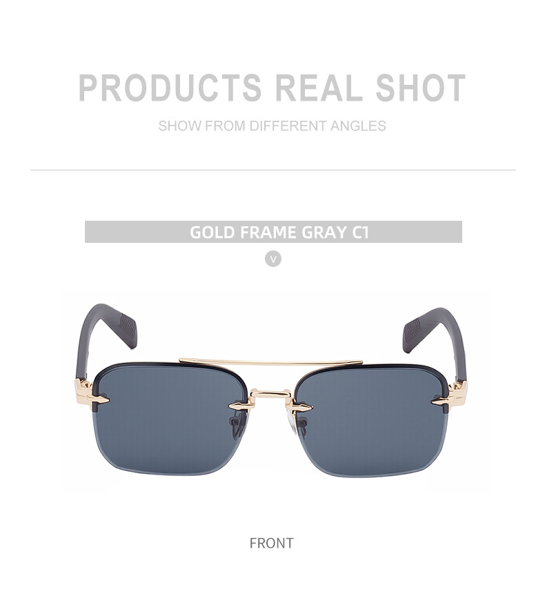 Men's Fashion Rimless Sunglasses - Retro Double Bridge Wood Grain Temple Eyewear Details and Specifications