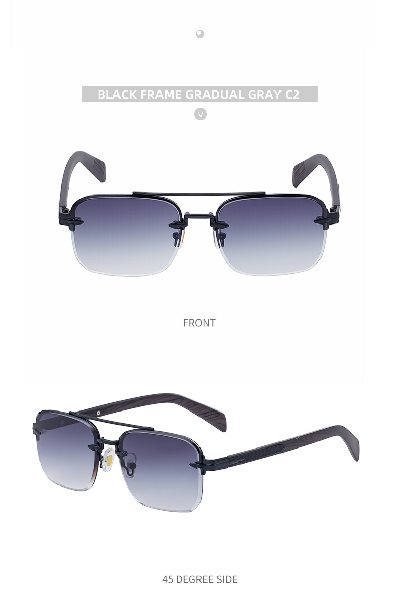 Men's Fashion Rimless Sunglasses - Retro Double Bridge Wood Grain Temple Eyewear Details and Specifications