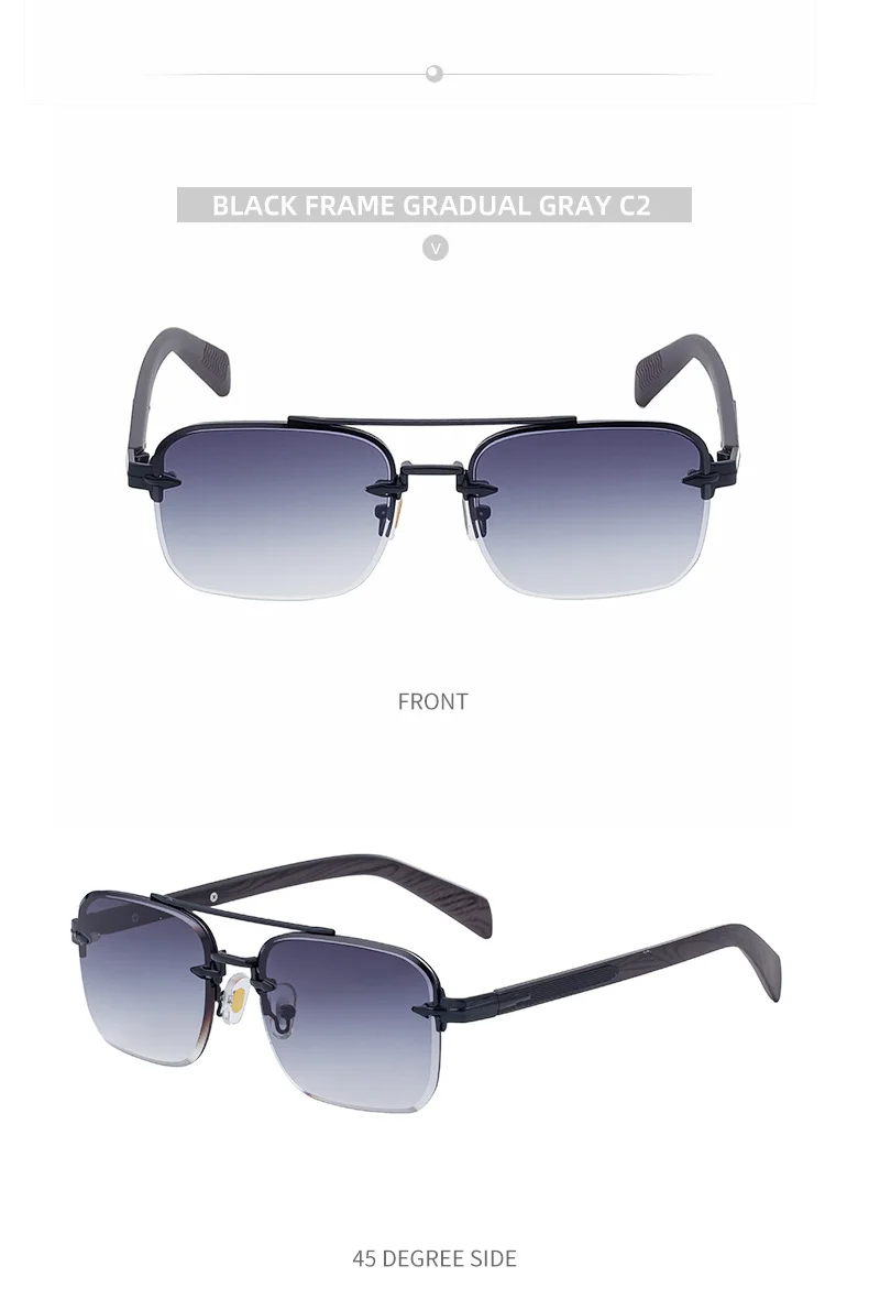 Black metal Men's Fashion Rimless Sunglasses - Retro Double Bridge Wood Grain Temple Eyewear - Details 17