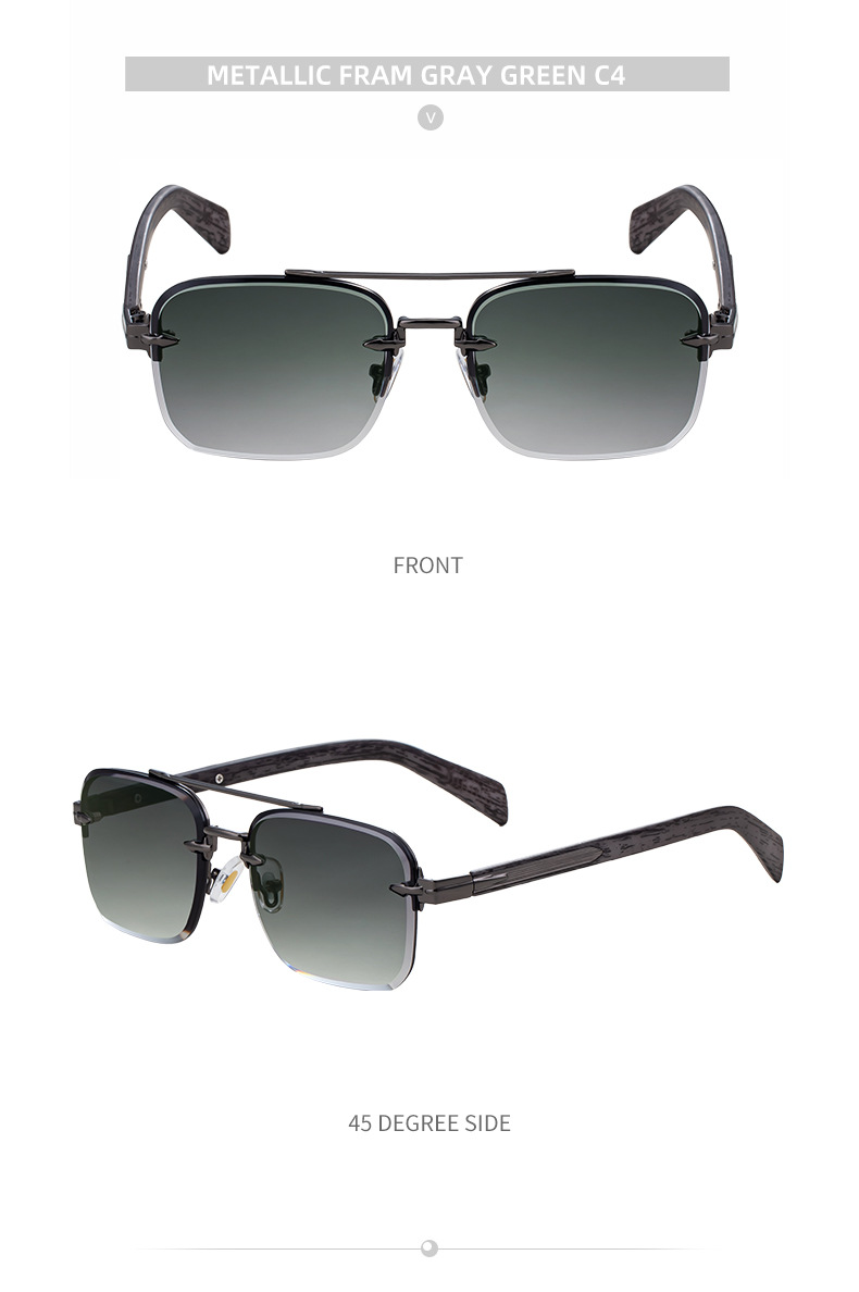 Men's Fashion Rimless Sunglasses - Retro Double Bridge Wood Grain Temple Eyewear Details and Specifications