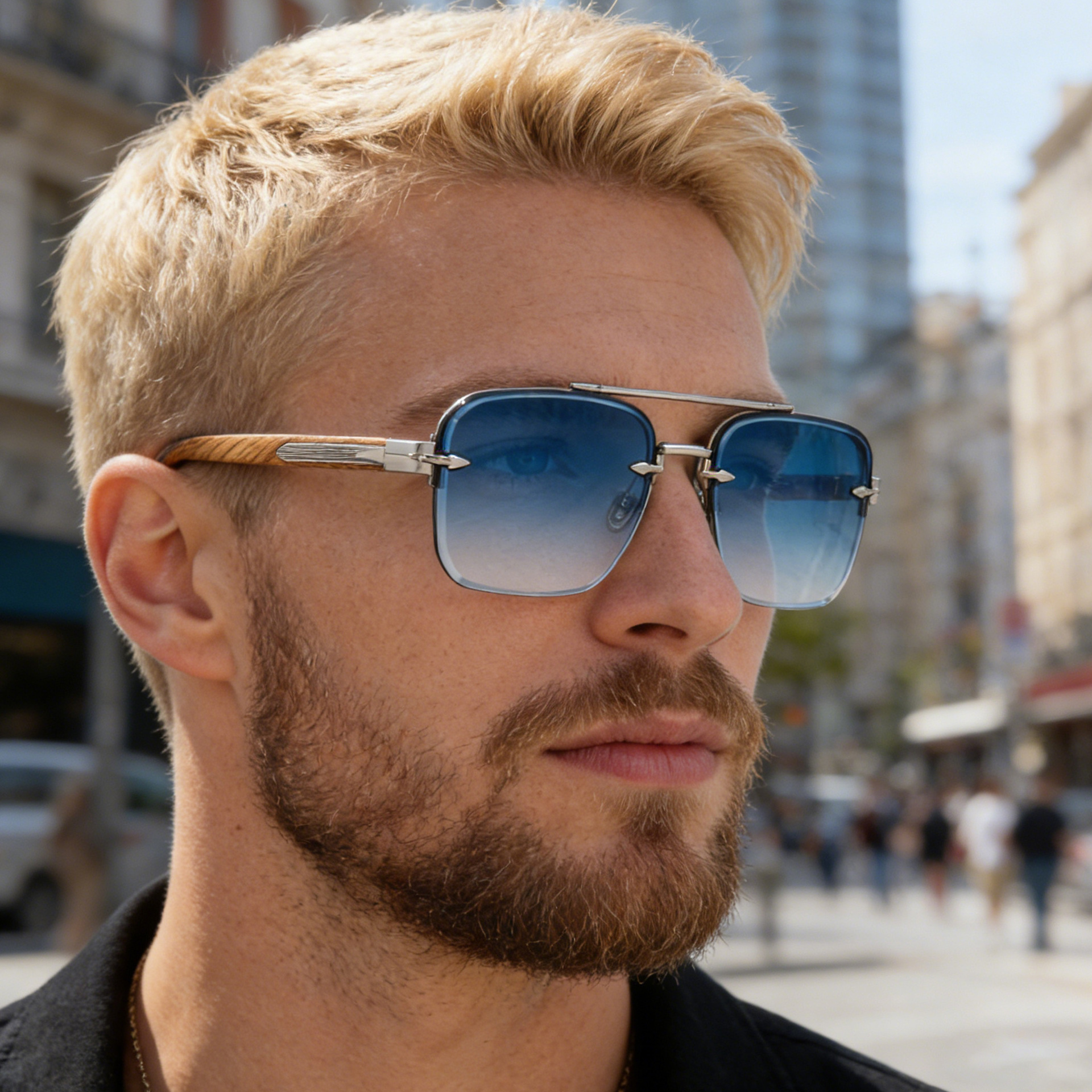 Men's Fashion Rimless Sunglasses - Retro Double Bridge Wood Grain Temple Eyewear Custom Eyewear