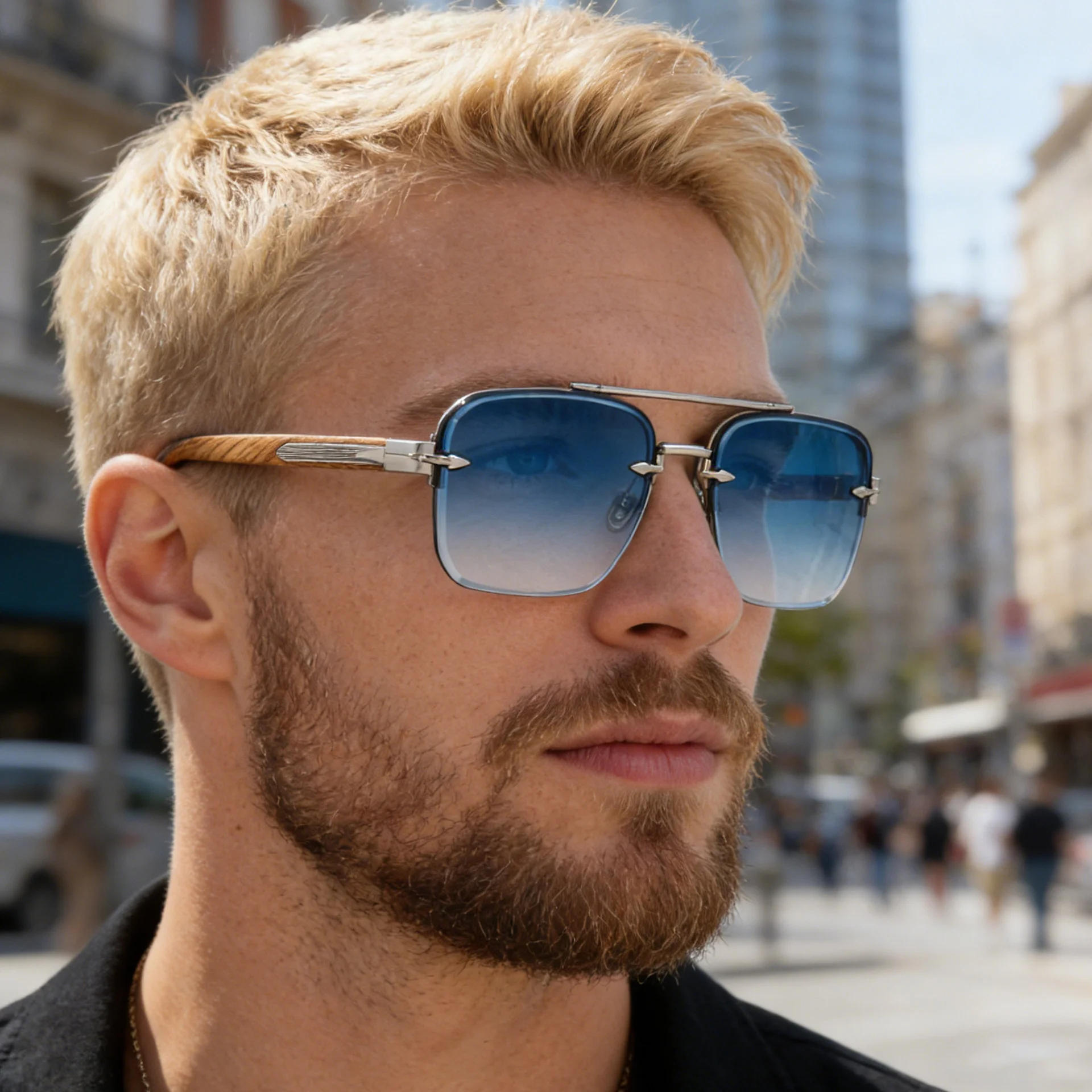 Men's Fashion Rimless Sunglasses - Retro Double Bridge Wood Grain Temple Eyewear