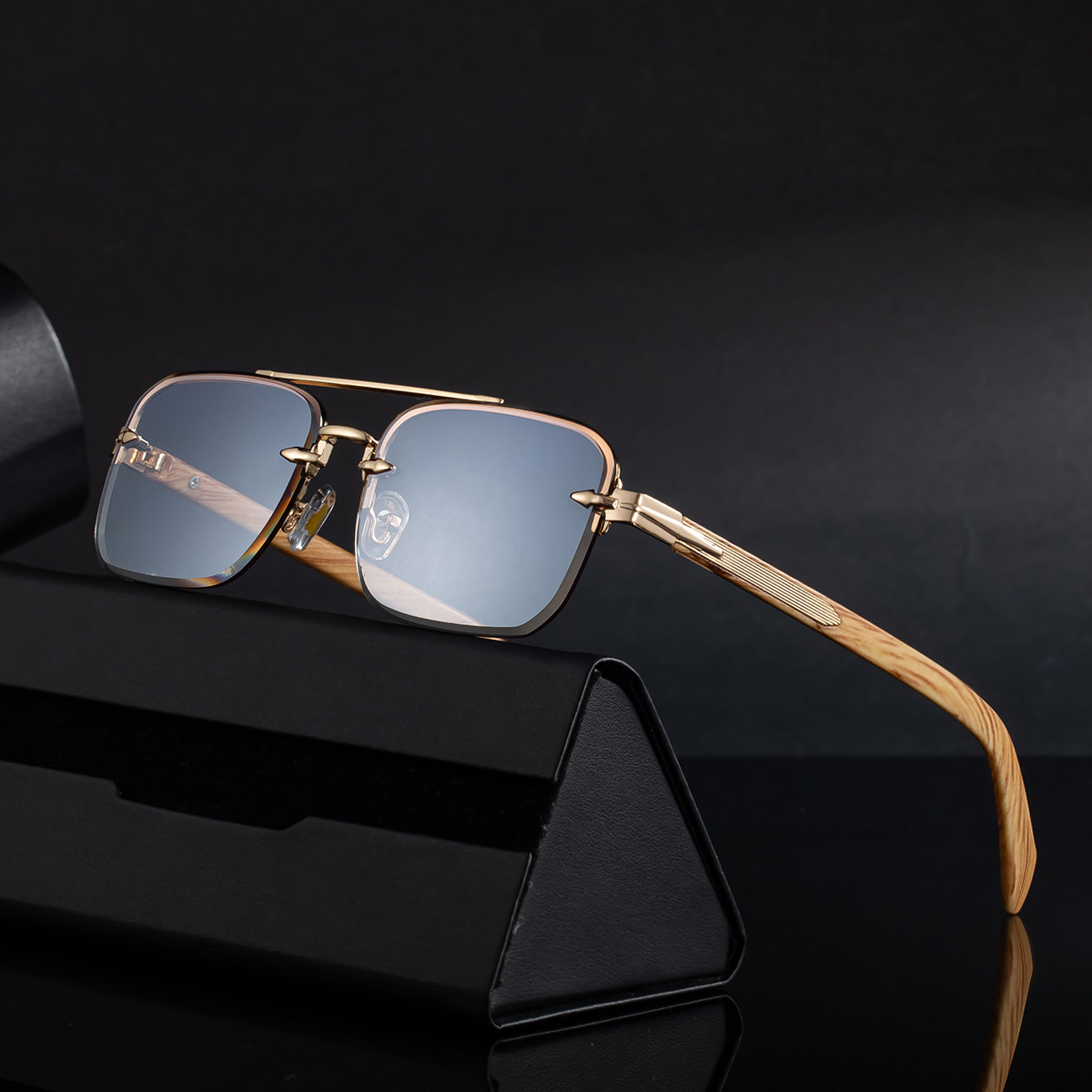 Men's Fashion Rimless Sunglasses - Retro Double Bridge Wood Grain Temple Eyewear Custom Eyewear