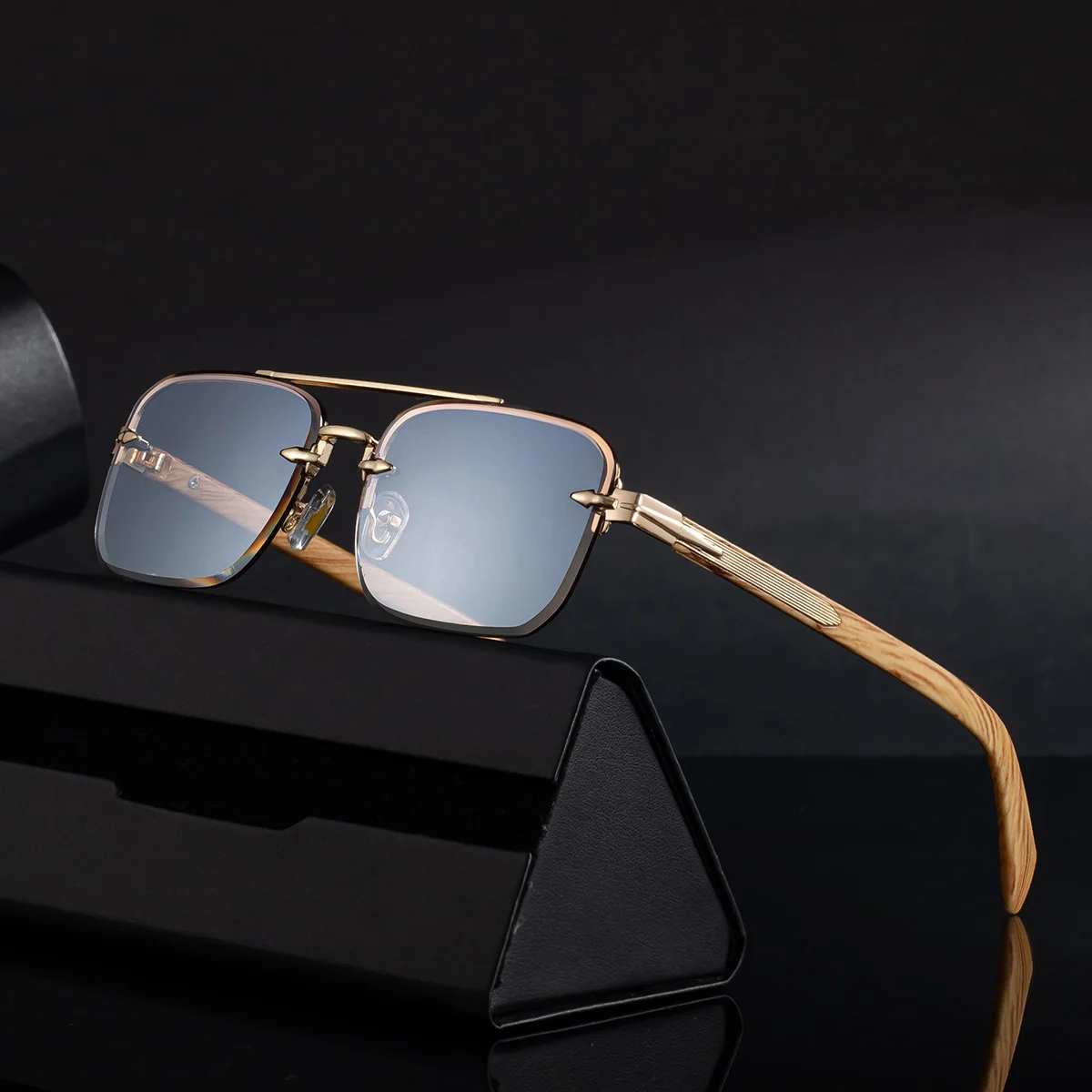Black metal Men's Fashion Rimless Sunglasses - Retro Double Bridge Wood Grain Temple Eyewear - View 2