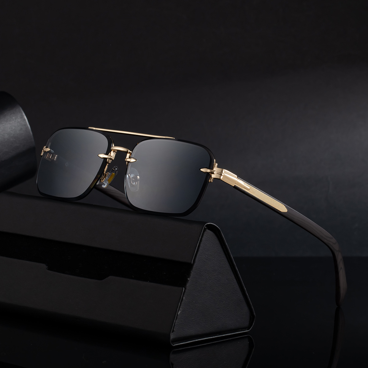 Men's Fashion Rimless Sunglasses - Retro Double Bridge Wood Grain Temple Eyewear Custom Eyewear