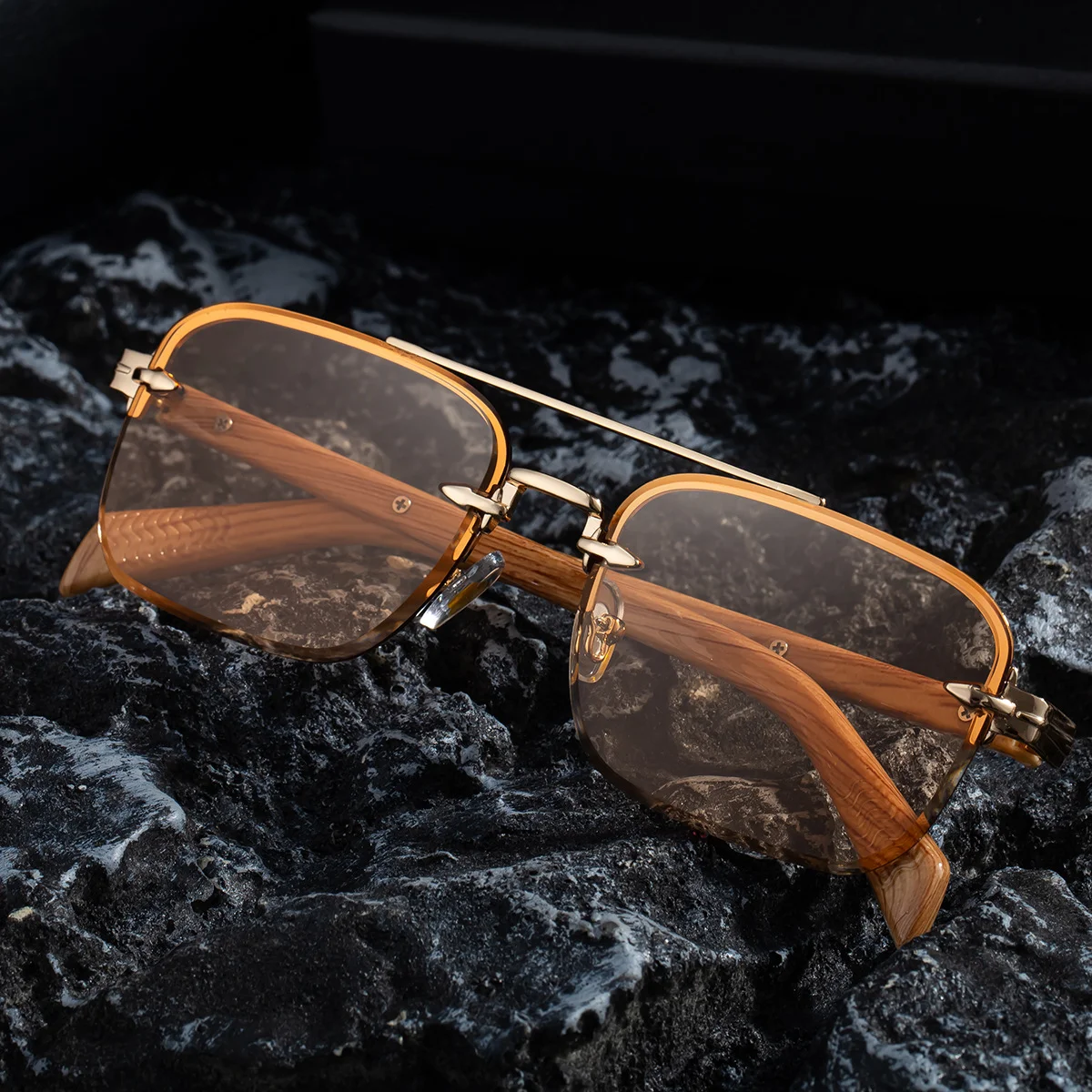 Black metal Men's Fashion Rimless Sunglasses - Retro Double Bridge Wood Grain Temple Eyewear - View 4