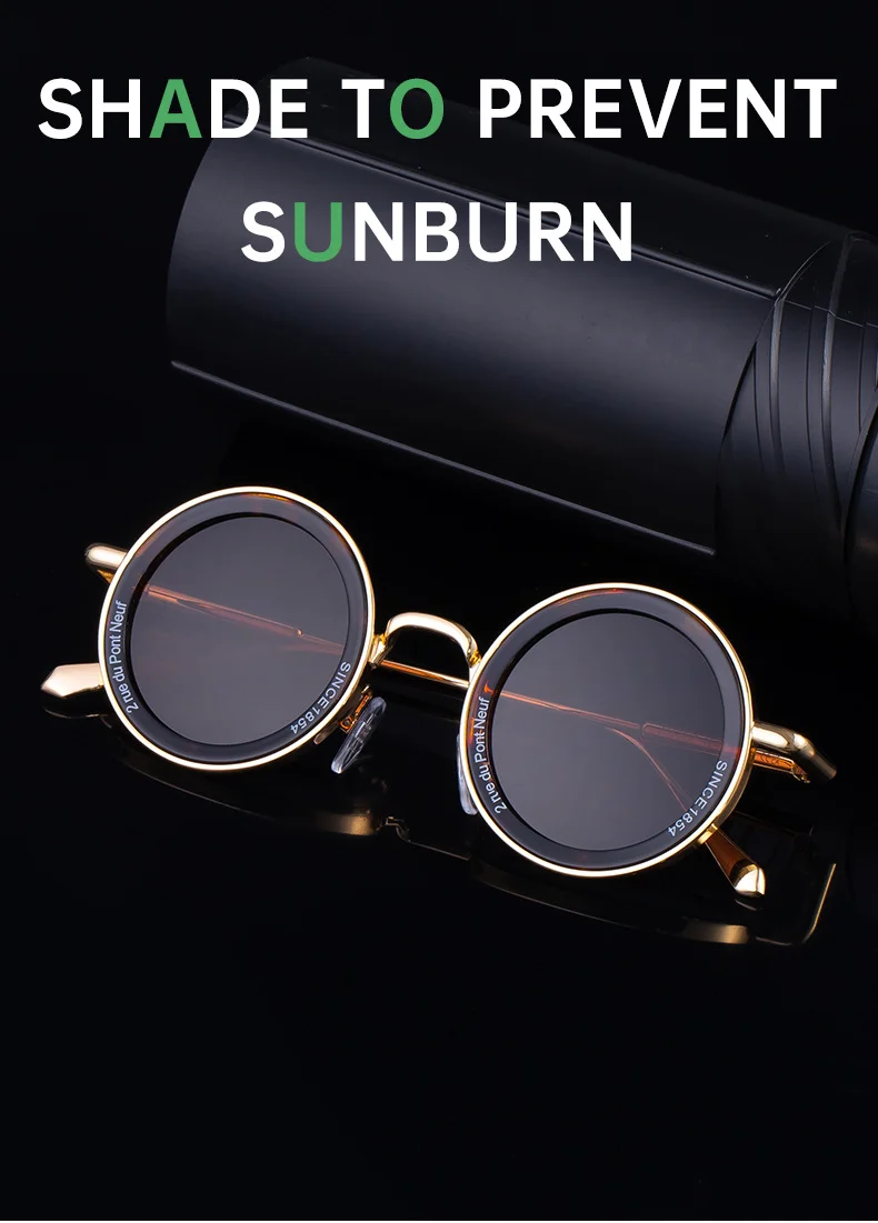 Black metal Unisex Fashion Round Sunglasses - Retro Unique UV400 Sun Glasses Wholesale - Details 3