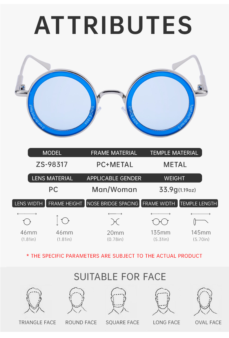 Unisex Fashion Round Sunglasses - Retro Unique UV400 Sun Glasses Wholesale Details and Specifications