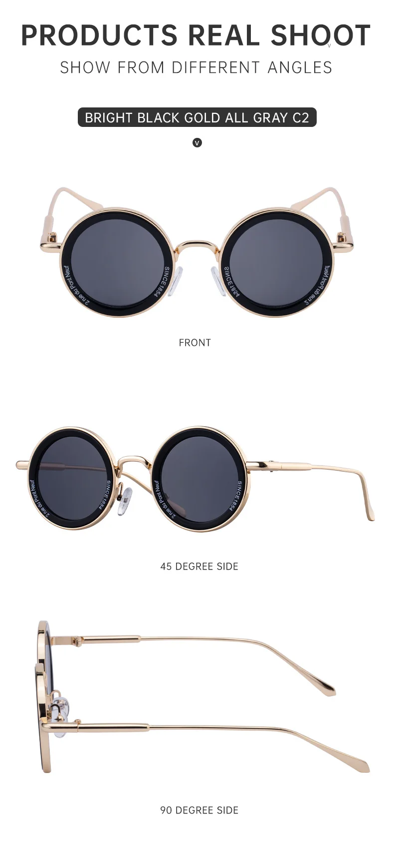 Black metal Unisex Fashion Round Sunglasses - Retro Unique UV400 Sun Glasses Wholesale - Details 12