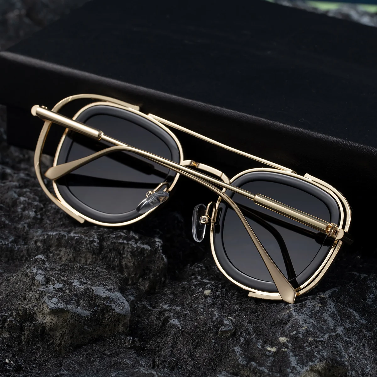 Black PC Men's High-End Oval Sunglasses - Vintage Luxury Driving UV400 Eyewear - Details 3