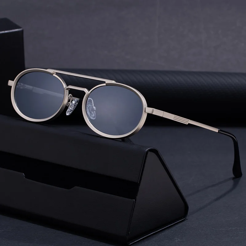 Black PC Unisex Retro Oval Sunglasses - Premium Spring Hinge Fashion Sun Glasses - View 3