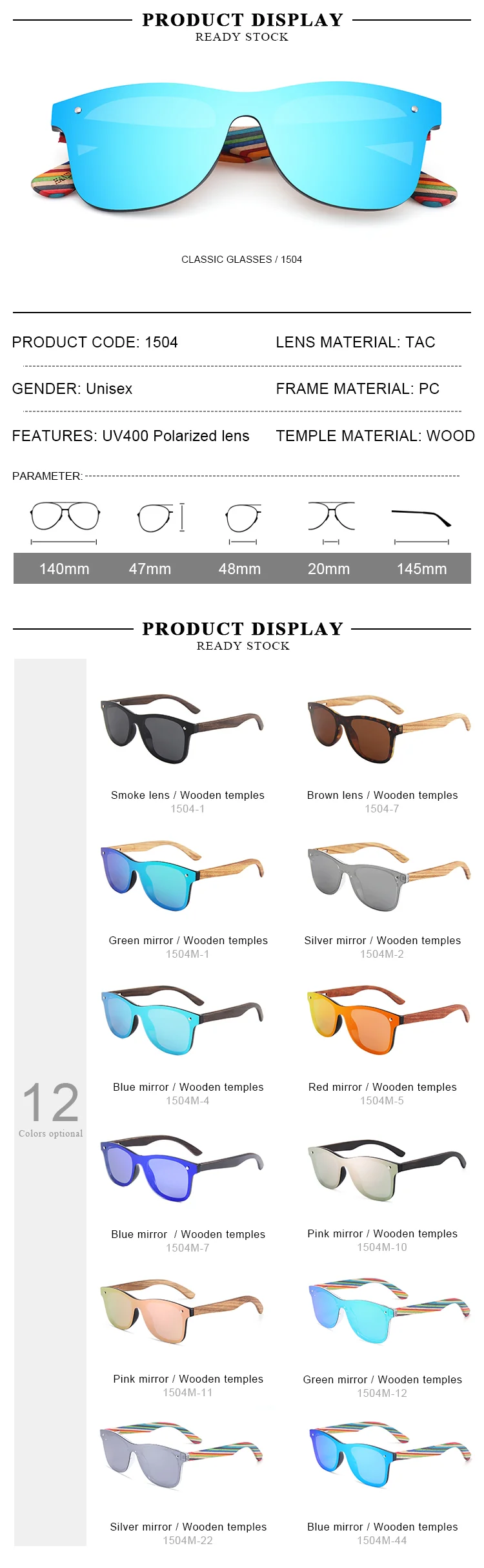 Red, Blue, S Black, Brown, Pink... Wooden+PC Hot Selling Factory Print Logo Wooden Sunglasses 2025 Custom Polarized Mirror Wood Bamboo Black Sunglasses for Unisex - Details 2