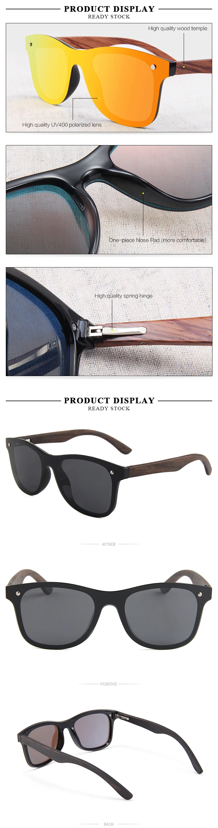 Red, Blue, S Black, Brown, Pink... Wooden+PC Hot Selling Factory Print Logo Wooden Sunglasses 2025 Custom Polarized Mirror Wood Bamboo Black Sunglasses for Unisex - Details 3